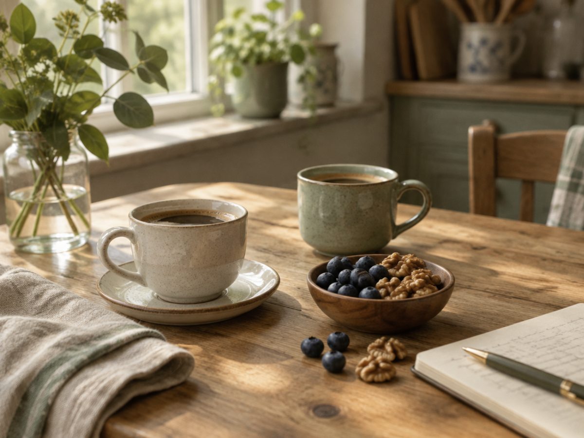 Küchentisch mit zwei Tassen Kaffee im Morgenlicht